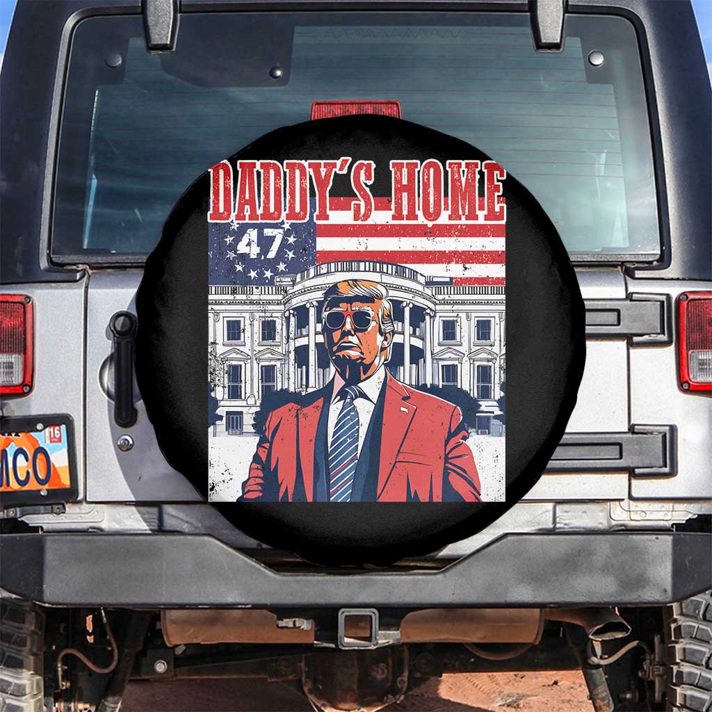 Funny Trump 2024 Spare Tire Cover Daddy's Home The 47th US President Vintage Betsy American Flag TS11 No hole Black Print Your Wear