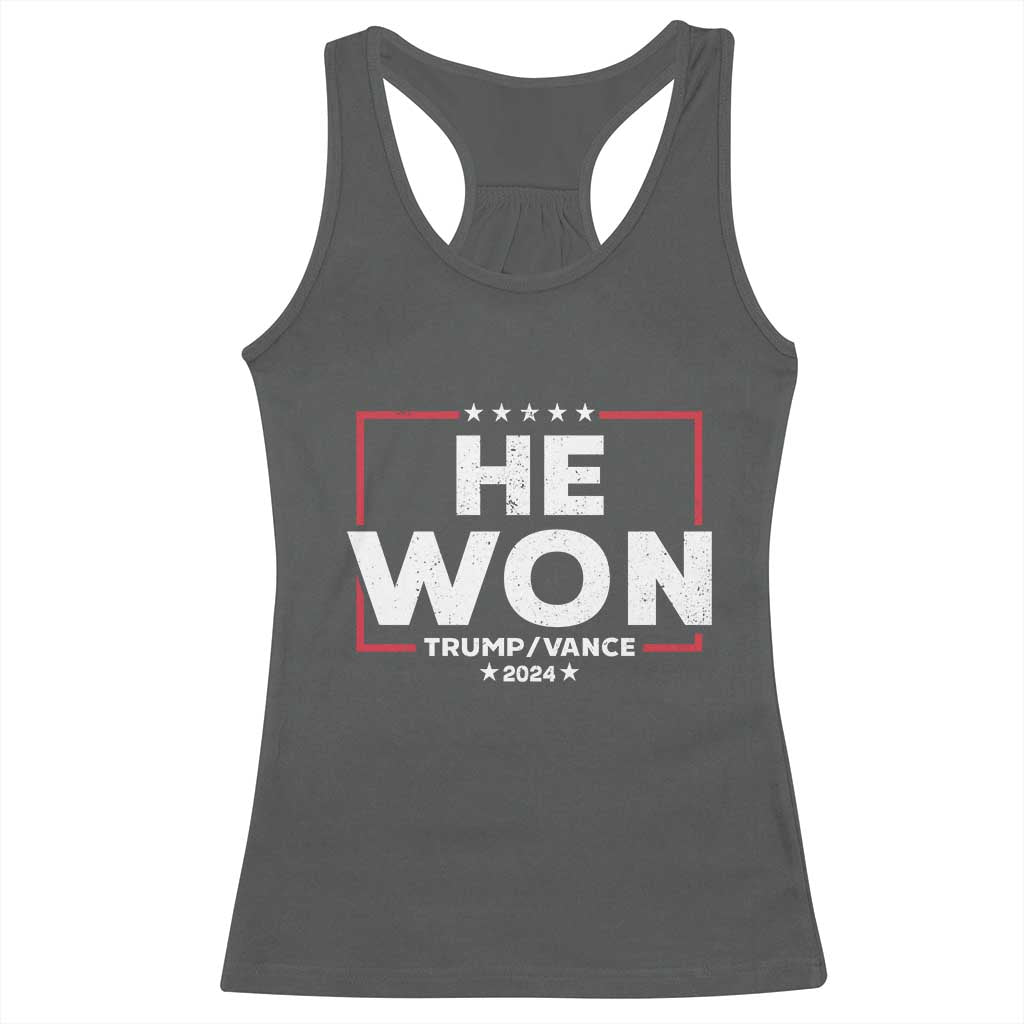 Trump He Won 2024 Racerback Tank Top The 47th US President Trump Vance TS11 Dark Heather Print Your Wear