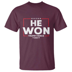 Trump He Won 2024 T Shirt The 47th US President Trump Vance TS11 Maroon Print Your Wear