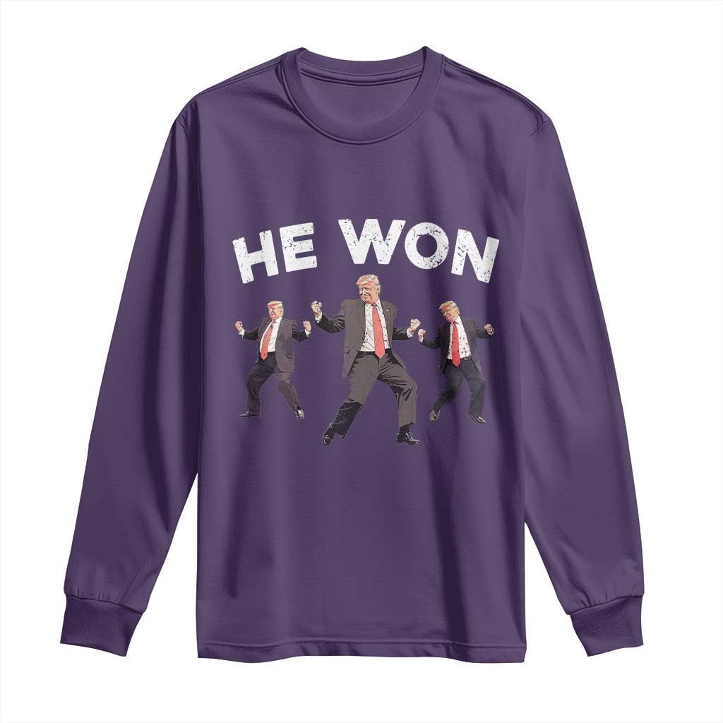 Funny Trump He Won 2024 Long Sleeve Shirt Trump Dances The 47th US President TS11 Purple Print Your Wear