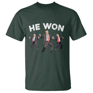 Funny Trump He Won 2024 T Shirt Trump Dances The 47th US President TS11 Dark Forest Green Print Your Wear