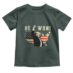 Trump He Won 2024 Baby Shirt The 47th US President Vintage American Flag TS11 Dark Forest Green Print Your Wear