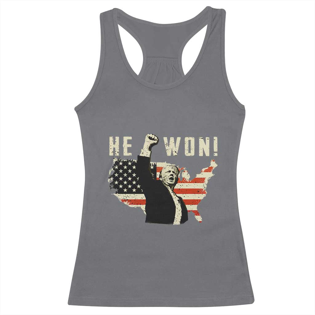 Trump He Won 2024 Racerback Tank Top The 47th US President Vintage American Flag TS11 Charcoal Print Your Wear