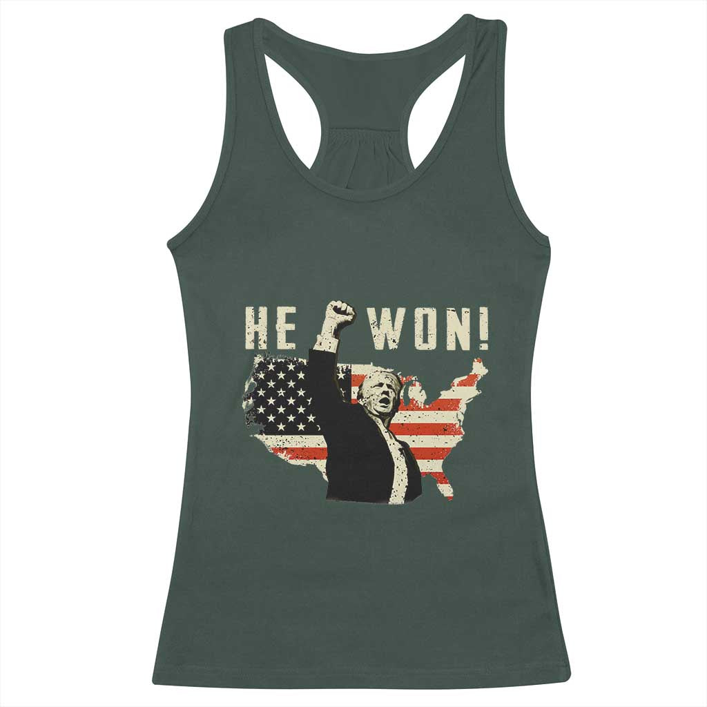 Trump He Won 2024 Racerback Tank Top The 47th US President Vintage American Flag TS11 Dark Forest Green Print Your Wear