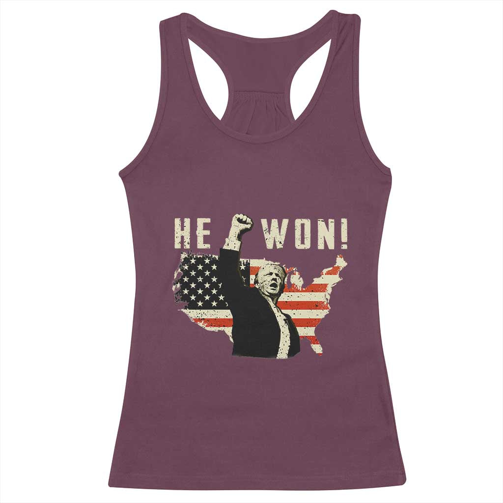 Trump He Won 2024 Racerback Tank Top The 47th US President Vintage American Flag TS11 Maroon Print Your Wear