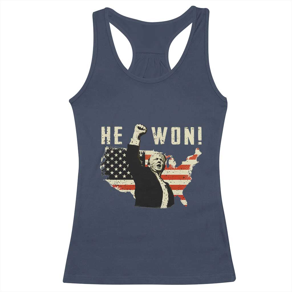 Trump He Won 2024 Racerback Tank Top The 47th US President Vintage American Flag TS11 Navy Print Your Wear