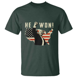 Trump He Won 2024 T Shirt The 47th US President Vintage American Flag TS11 Dark Forest Green Print Your Wear