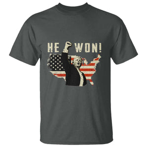 Trump He Won 2024 T Shirt The 47th US President Vintage American Flag TS11 Dark Heather Print Your Wear