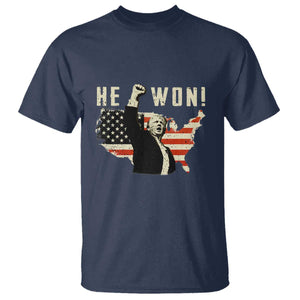 Trump He Won 2024 T Shirt The 47th US President Vintage American Flag TS11 Navy Print Your Wear