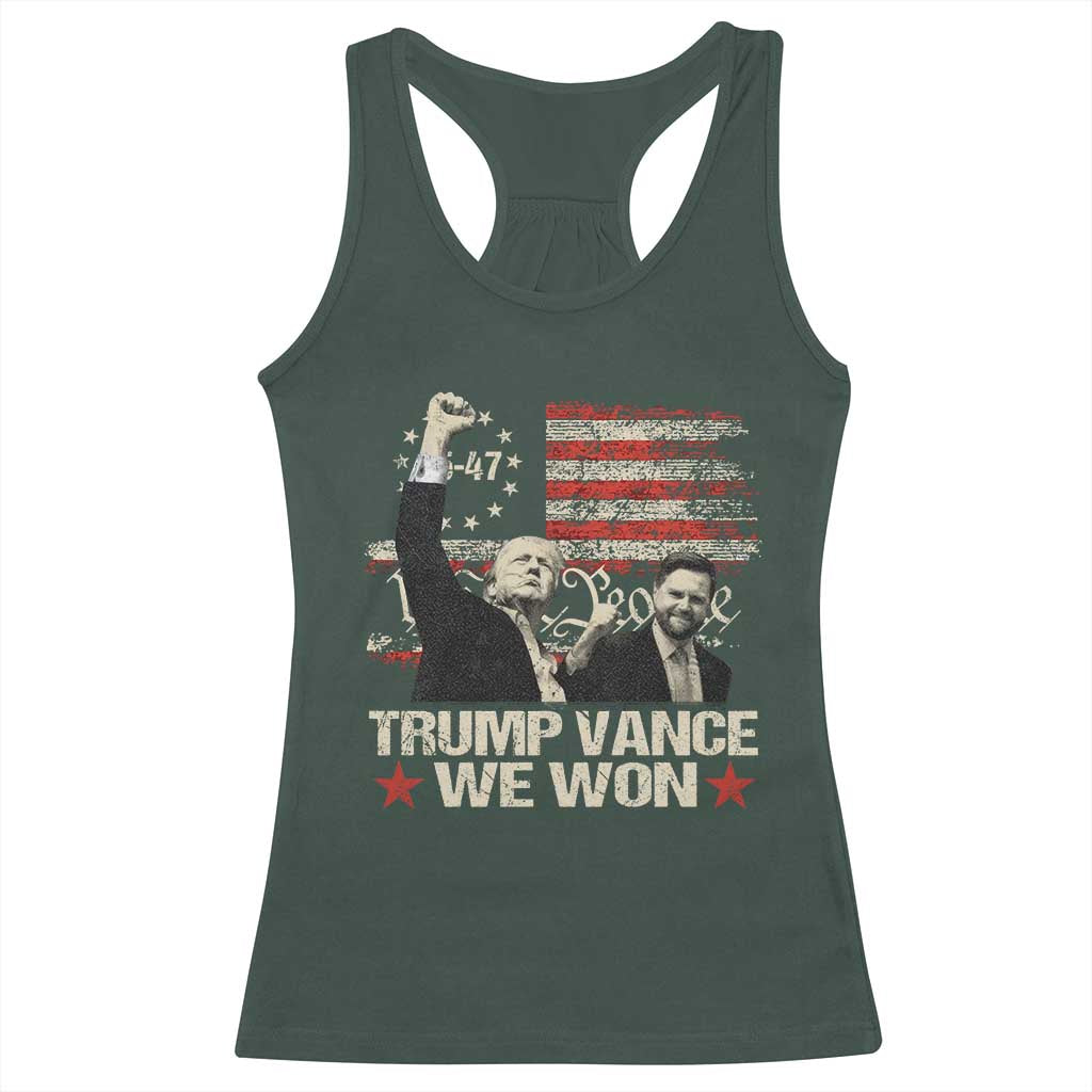 Trump Vance We Won 2024 Racerback Tank Top The 47th US President Betsy American Flag TS11 Dark Forest Green Print Your Wear