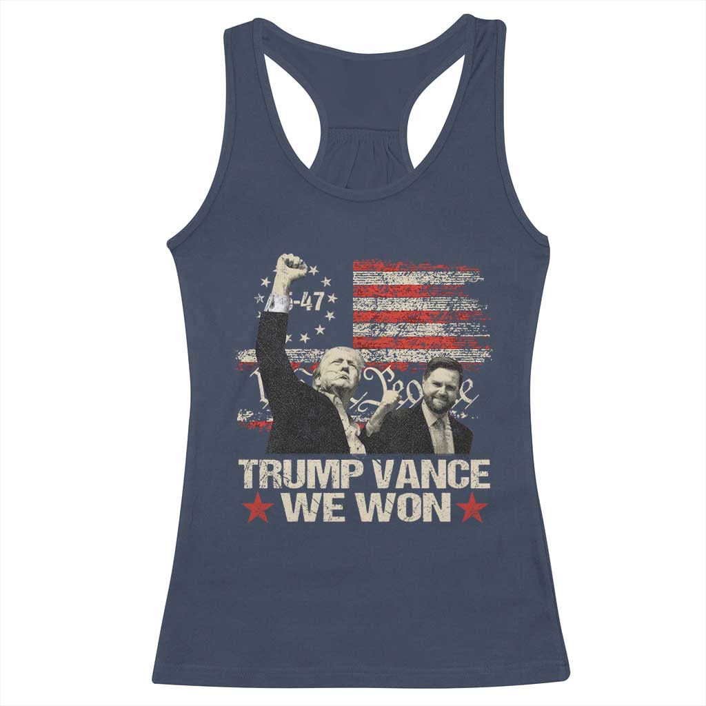 Trump Vance We Won 2024 Racerback Tank Top The 47th US President Betsy American Flag TS11 Navy Print Your Wear