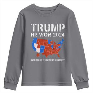 Trump He Won 2024 Youth Sweatshirt Greatest Return In History American Flag The 47th US President TS11 Charcoal Print Your Wear