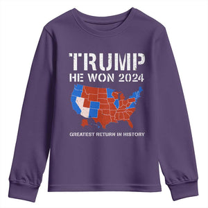 Trump He Won 2024 Youth Sweatshirt Greatest Return In History American Flag The 47th US President TS11 Purple Print Your Wear