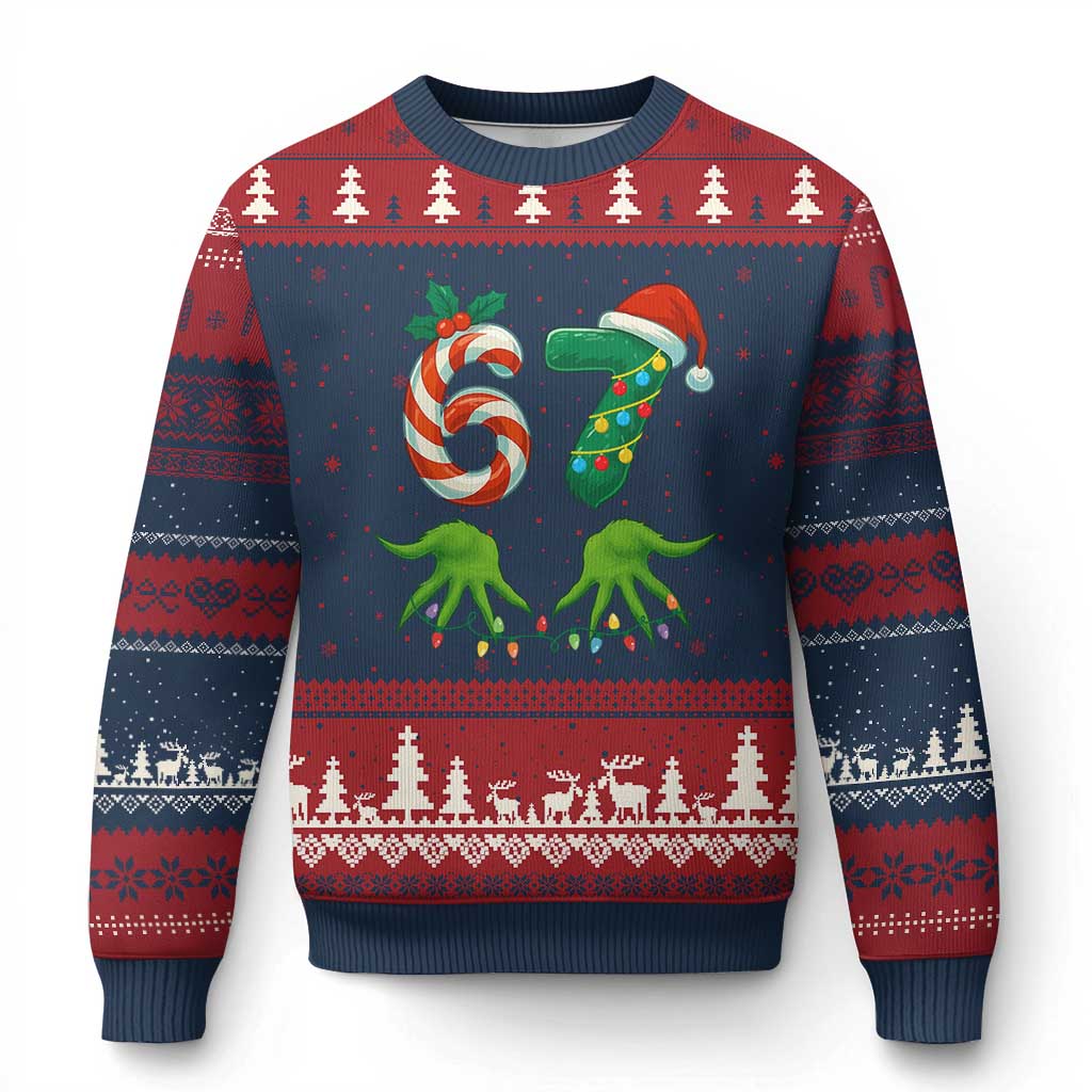 Funny Six Seven Xmas 67 Meme Gen Alpha Slang Elf Hands Ugly Christmas Sweater TS11 Navy Red Print Your Wear