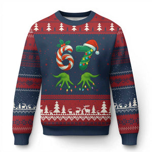 Funny Six Seven Xmas 67 Meme Gen Alpha Slang Elf Hands Ugly Christmas Sweater TS11 Navy Red Print Your Wear
