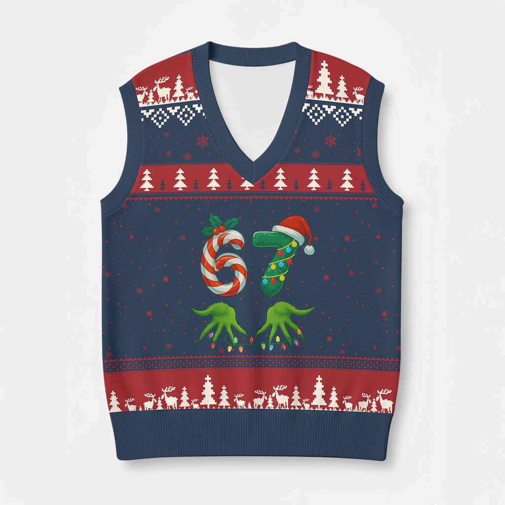 Funny Six Seven Xmas 67 Meme Gen Alpha Slang Elf Hands V-Neck Knit Sweater Vest TS11 Navy Red Print Your Wear