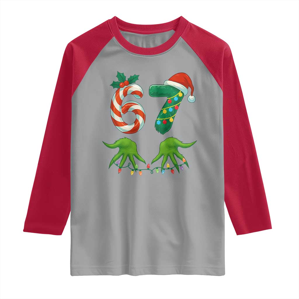 Funny Six Seven Christmas 67 Meme Gen Alpha Slang Elf Hands Raglan Shirt TS11 Sport Gray Red Print Your Wear