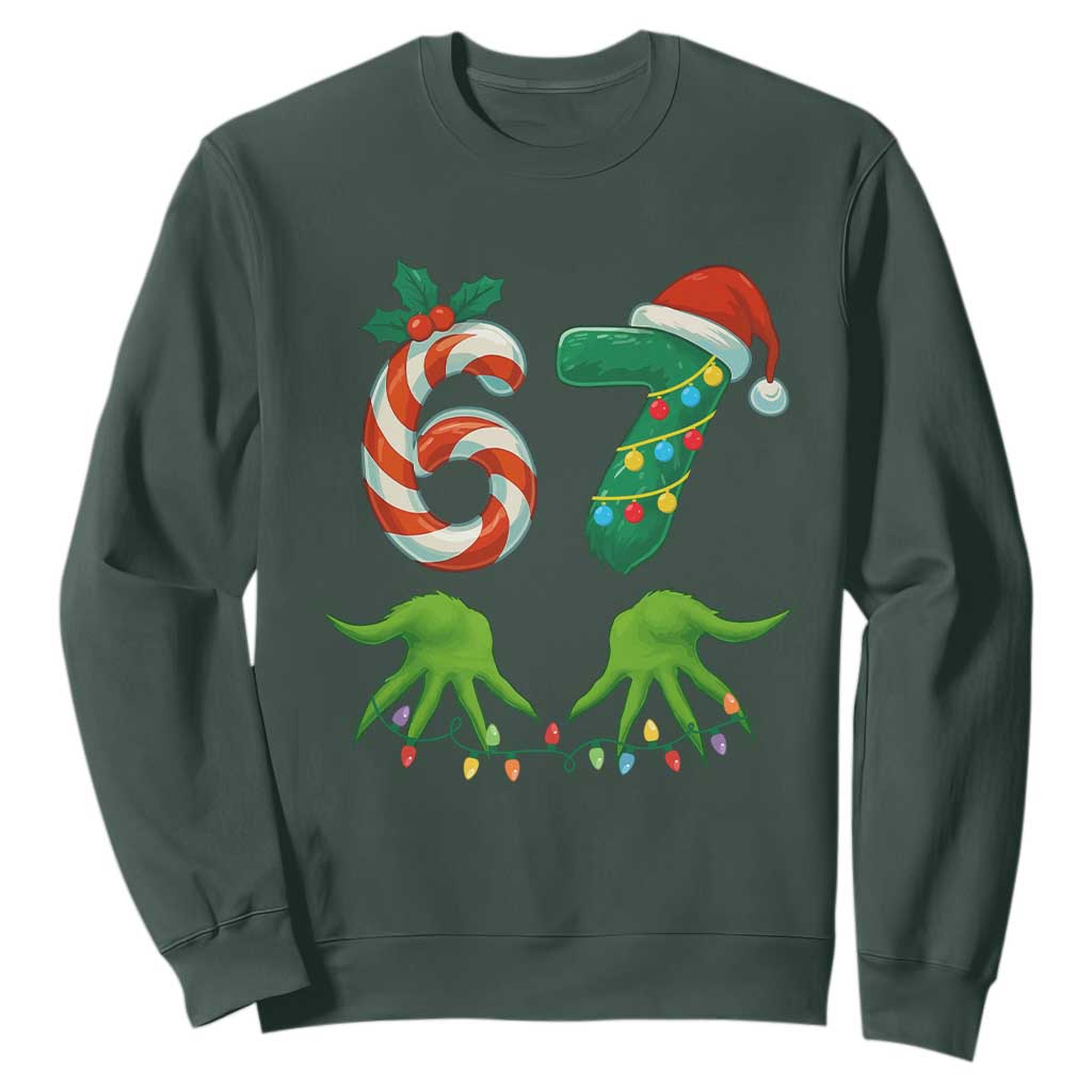 Funny Six Seven Christmas 67 Meme Gen Alpha Slang Elf Hands Sweatshirt TS11 Dark Forest Green Print Your Wear