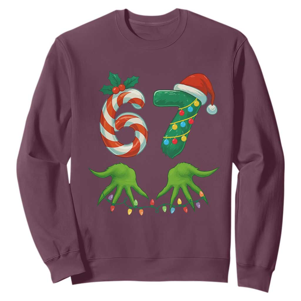 Funny Six Seven Christmas 67 Meme Gen Alpha Slang Elf Hands Sweatshirt TS11 Maroon Print Your Wear