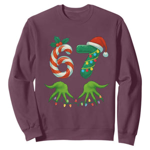 Funny Six Seven Christmas 67 Meme Gen Alpha Slang Elf Hands Sweatshirt TS11 Maroon Print Your Wear