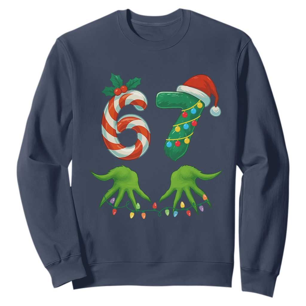 Funny Six Seven Christmas 67 Meme Gen Alpha Slang Elf Hands Sweatshirt TS11 Navy Print Your Wear