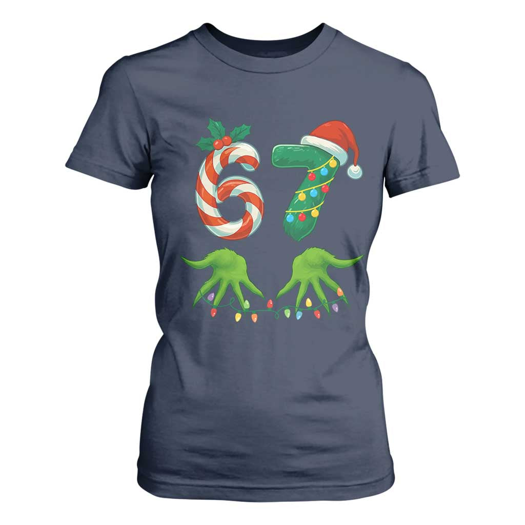 Funny Six Seven Christmas 67 Meme Gen Alpha Slang Elf Hands T Shirt For Women TS11 Navy Print Your Wear