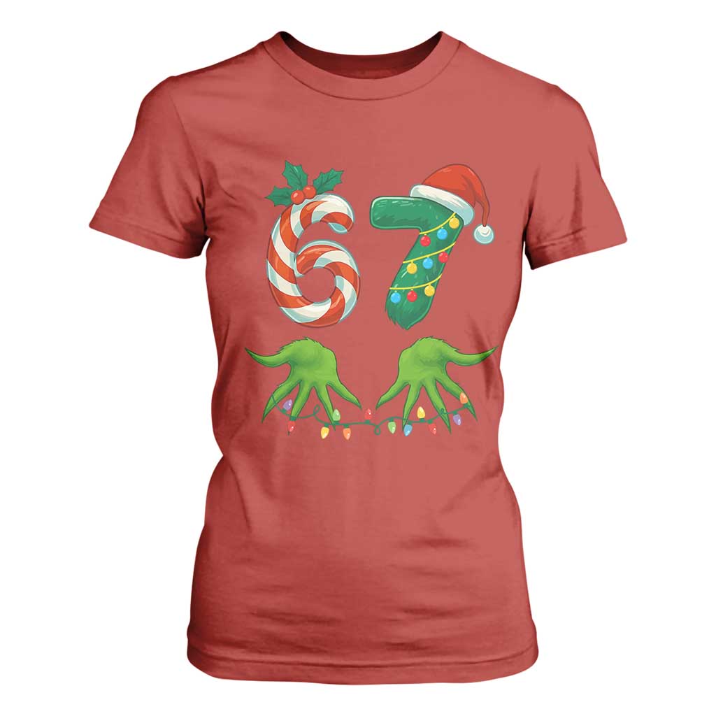 Funny Six Seven Christmas 67 Meme Gen Alpha Slang Elf Hands T Shirt For Women TS11 Red Print Your Wear