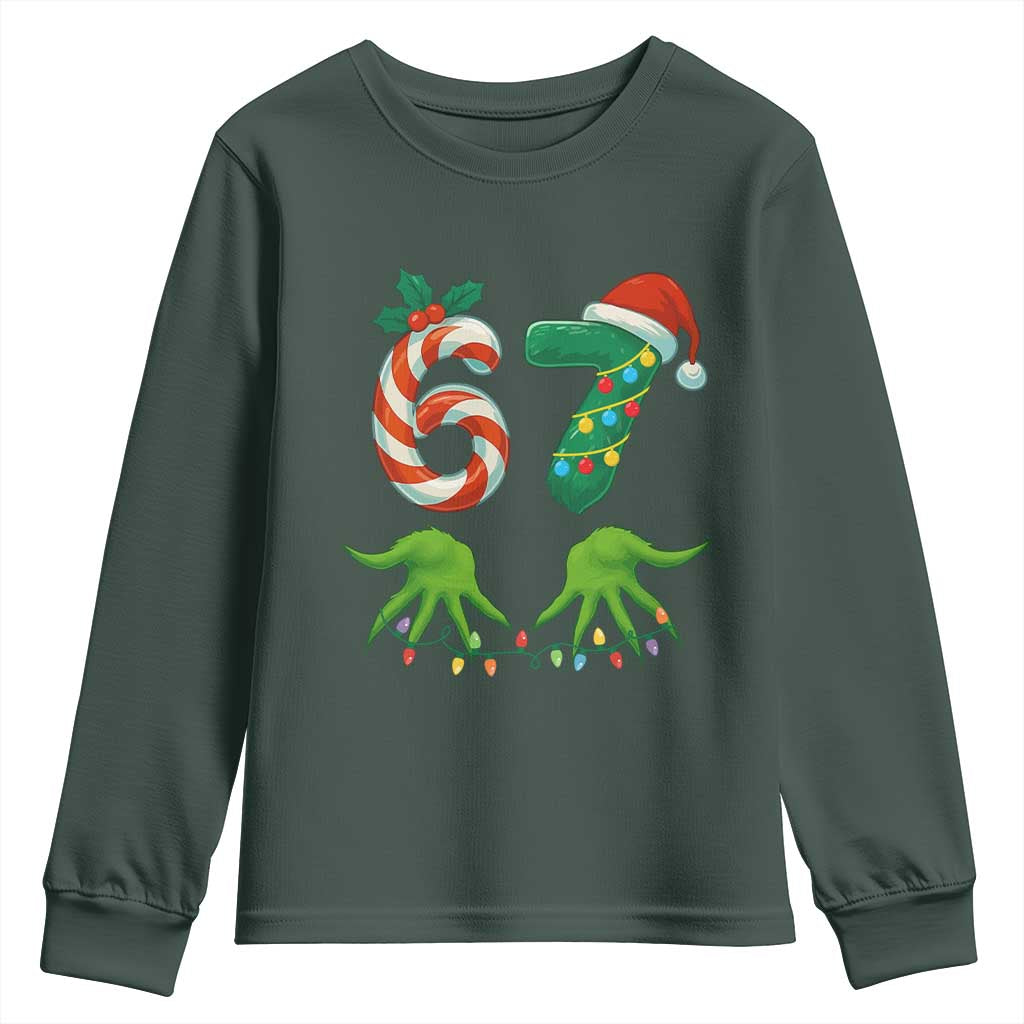 Funny Six Seven Christmas 67 Meme Gen Alpha Slang Elf Hands Youth Sweatshirt TS11 Dark Forest Green Print Your Wear