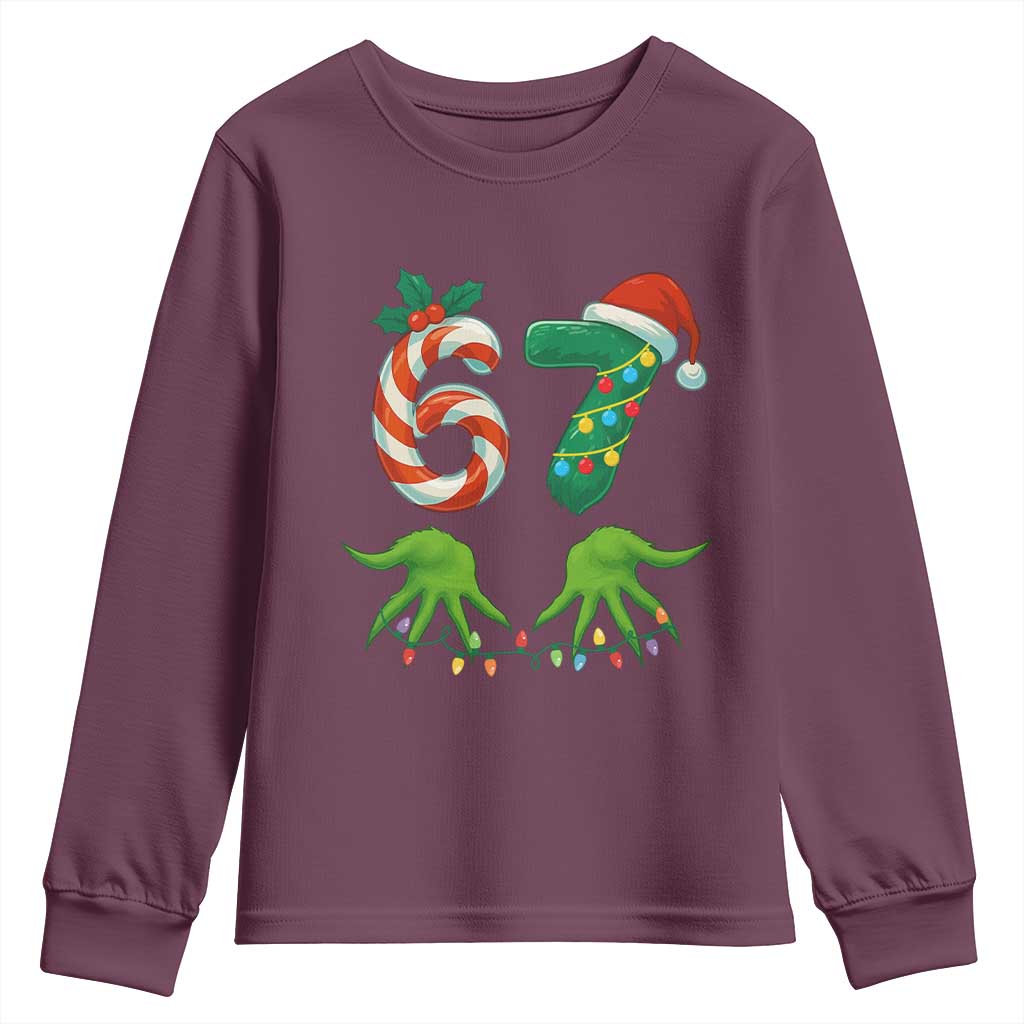Funny Six Seven Christmas 67 Meme Gen Alpha Slang Elf Hands Youth Sweatshirt TS11 Maroon Print Your Wear