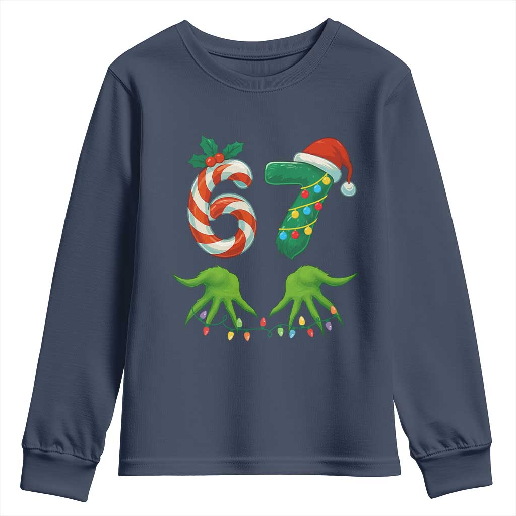 Funny Six Seven Christmas 67 Meme Gen Alpha Slang Elf Hands Youth Sweatshirt TS11 Navy Print Your Wear