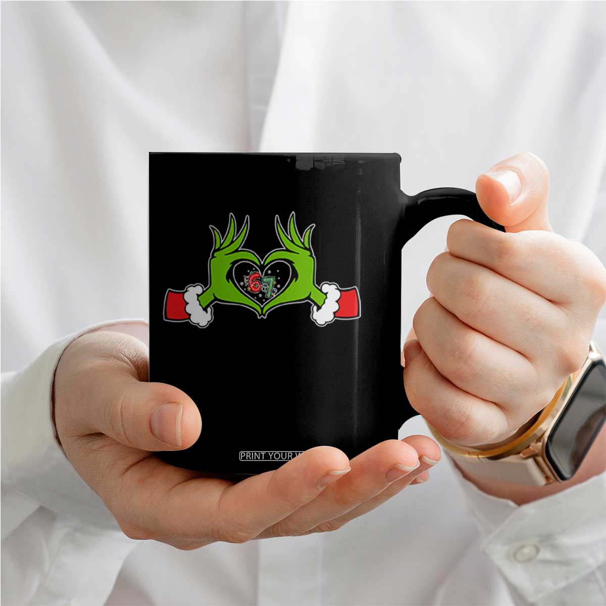 Funny Six Seven Christmas 67 Meme Gen Alpha Elf Heart Hands Coffee Mug TS11 Print Your Wear