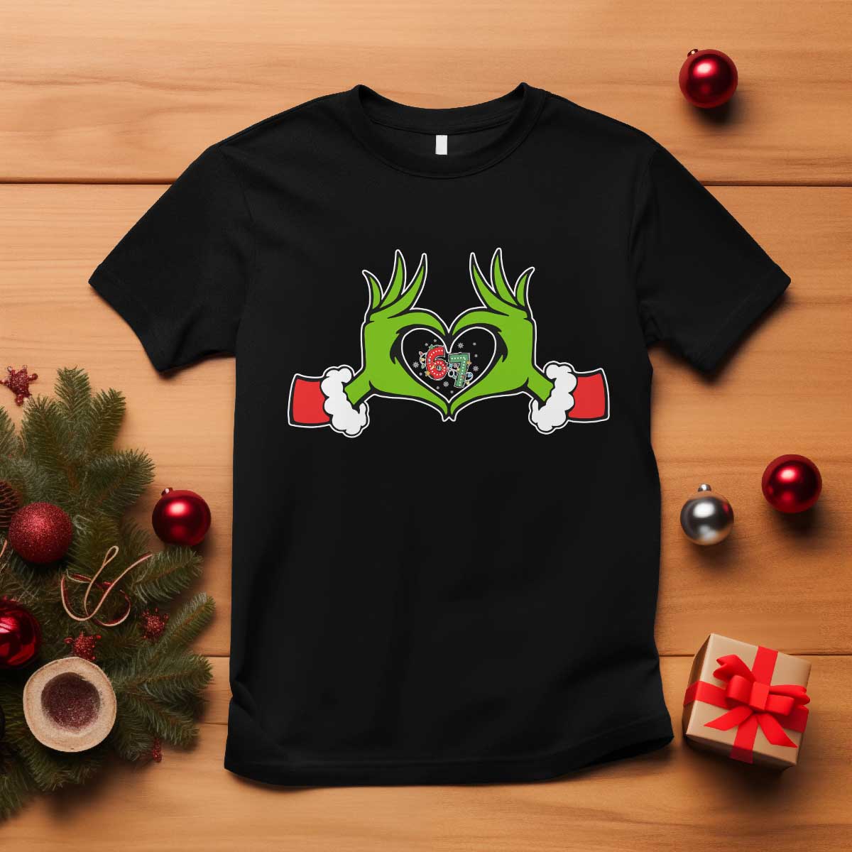 Funny Six Seven Christmas 67 Meme Gen Alpha Elf Heart Hands T Shirt TS11 Black Print Your Wear
