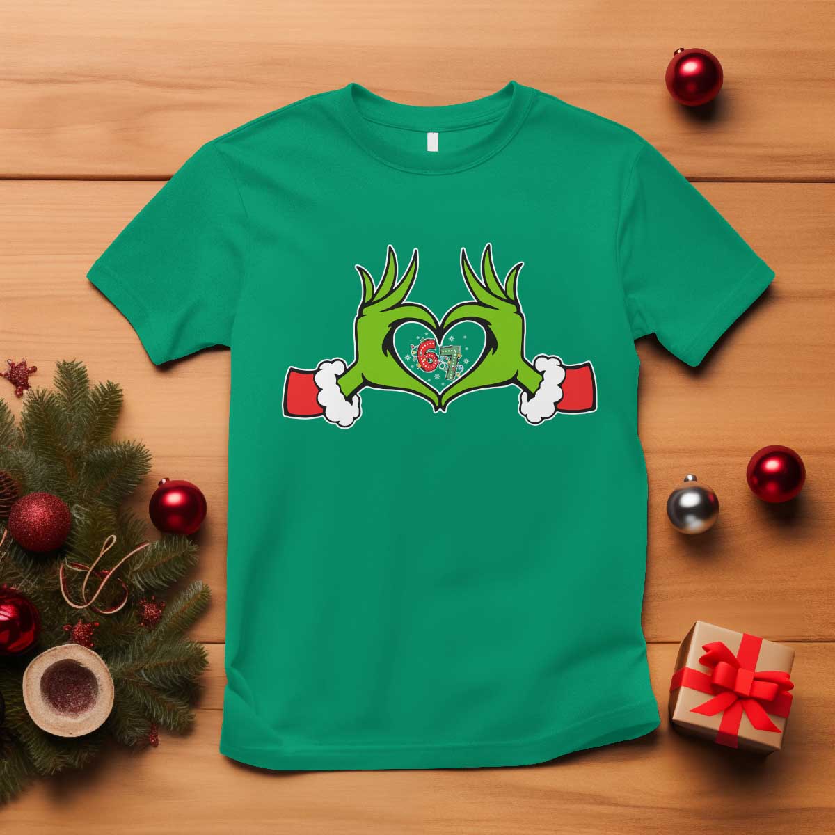 Funny Six Seven Christmas 67 Meme Gen Alpha Elf Heart Hands T Shirt TS11 Irish Green Print Your Wear
