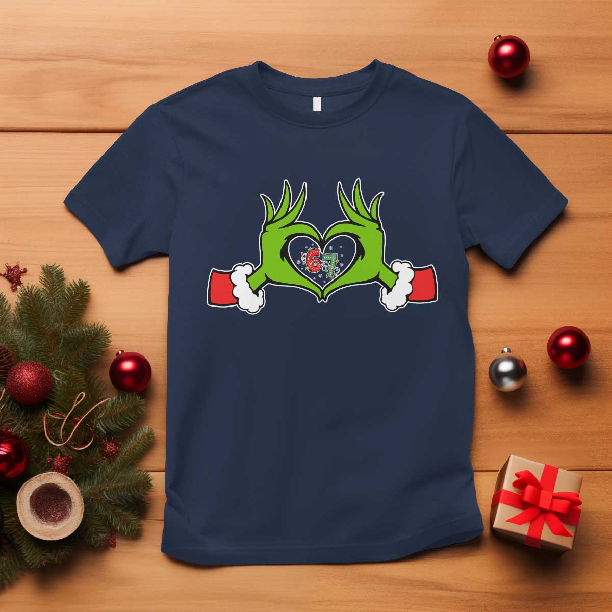 Funny Six Seven Christmas 67 Meme Gen Alpha Elf Heart Hands T Shirt TS11 Navy Print Your Wear