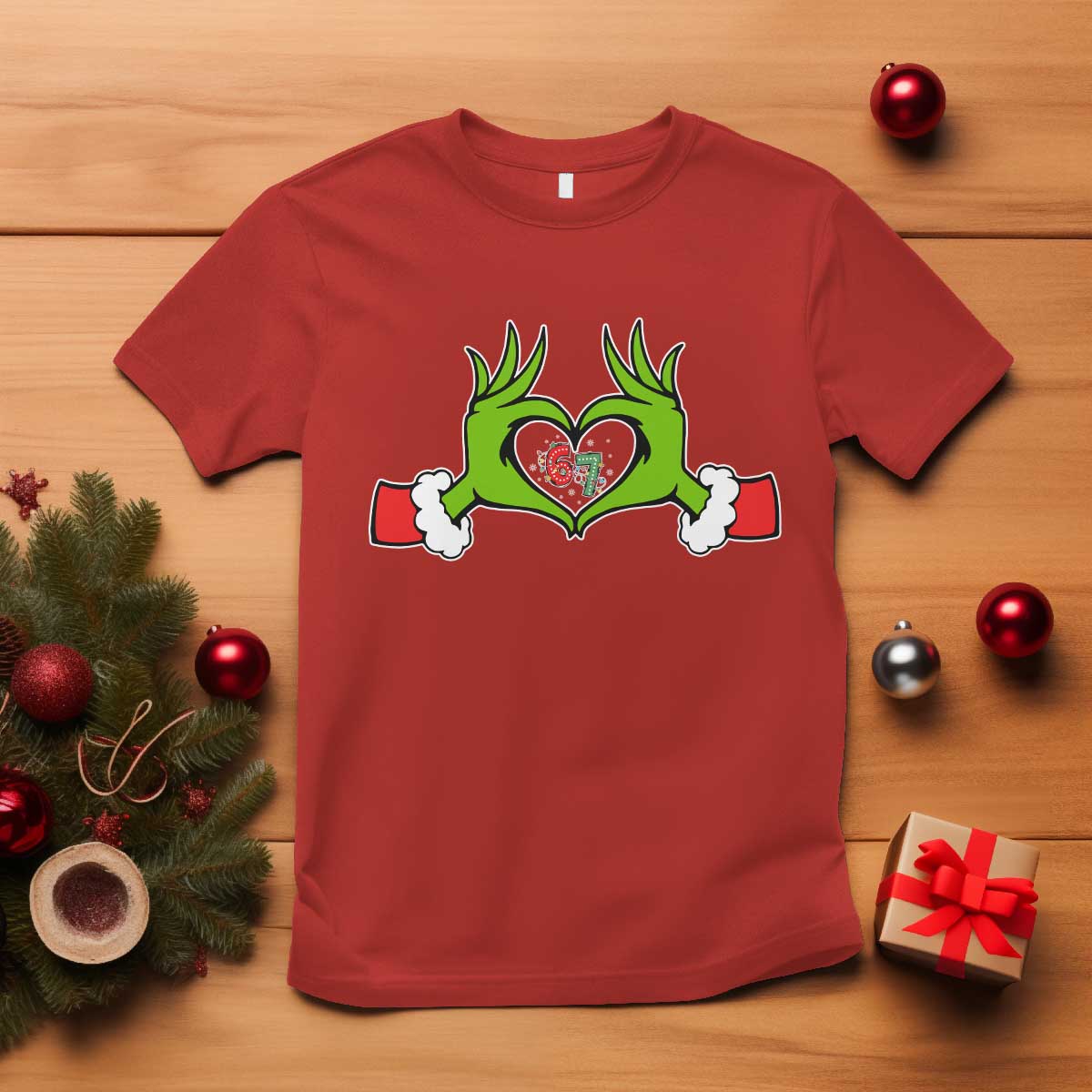 Funny Six Seven Christmas 67 Meme Gen Alpha Elf Heart Hands T Shirt TS11 Red Print Your Wear