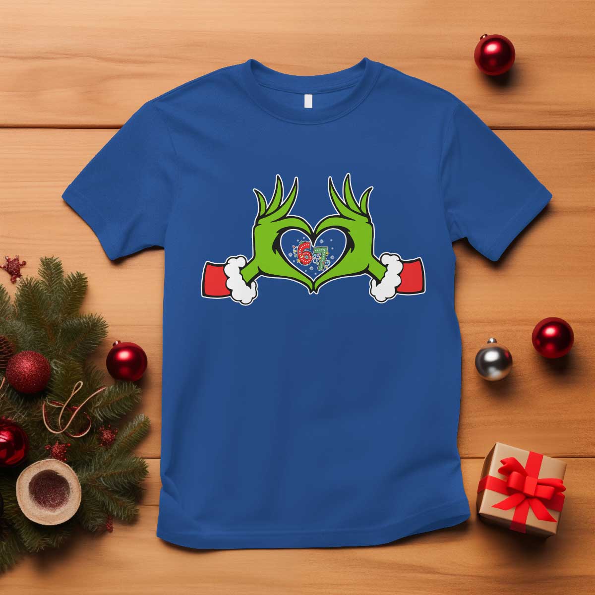 Funny Six Seven Christmas 67 Meme Gen Alpha Elf Heart Hands T Shirt TS11 Royal Blue Print Your Wear