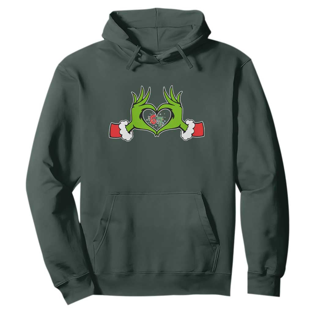 Funny Six Seven Christmas 67 Meme Gen Alpha Elf Heart Hands Hoodie TS11 Dark Forest Green Print Your Wear