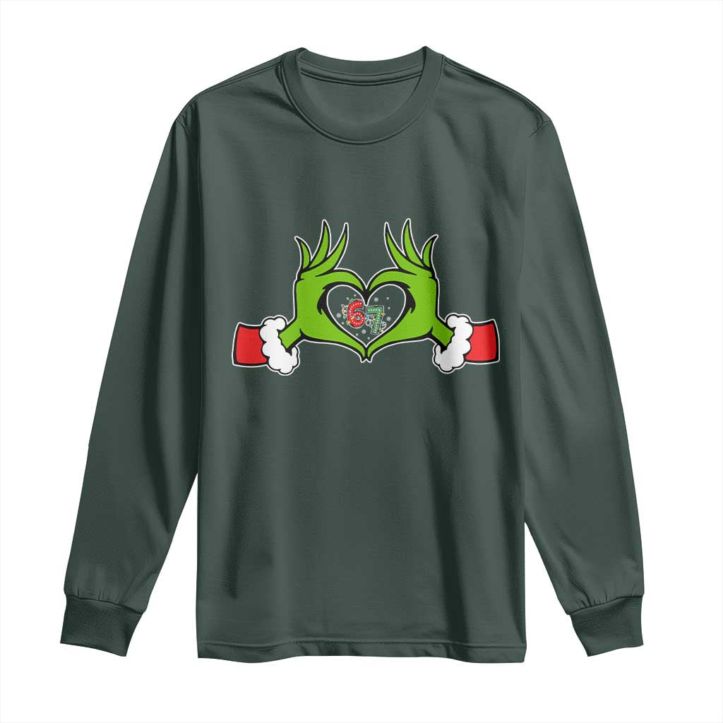 Funny Six Seven Christmas 67 Meme Gen Alpha Elf Heart Hands Long Sleeve Shirt TS11 Dark Forest Green Print Your Wear