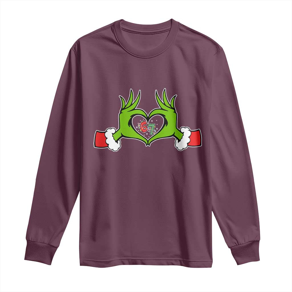 Funny Six Seven Christmas 67 Meme Gen Alpha Elf Heart Hands Long Sleeve Shirt TS11 Maroon Print Your Wear