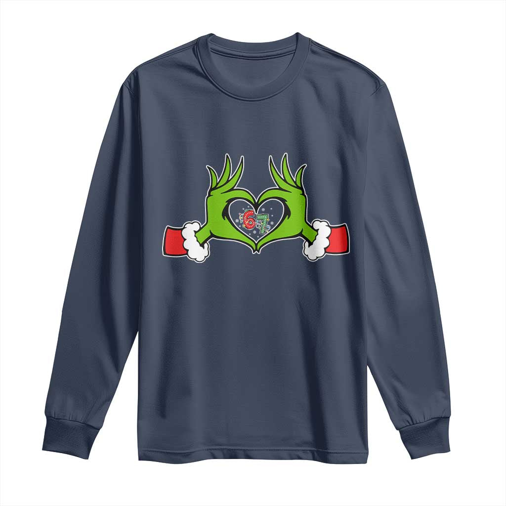 Funny Six Seven Christmas 67 Meme Gen Alpha Elf Heart Hands Long Sleeve Shirt TS11 Navy Print Your Wear