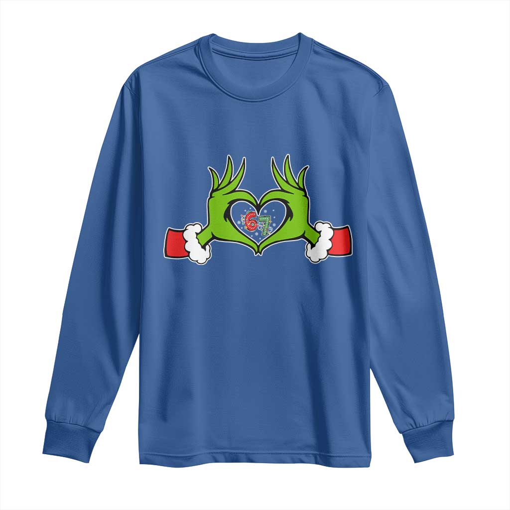 Funny Six Seven Christmas 67 Meme Gen Alpha Elf Heart Hands Long Sleeve Shirt TS11 Royal Blue Print Your Wear