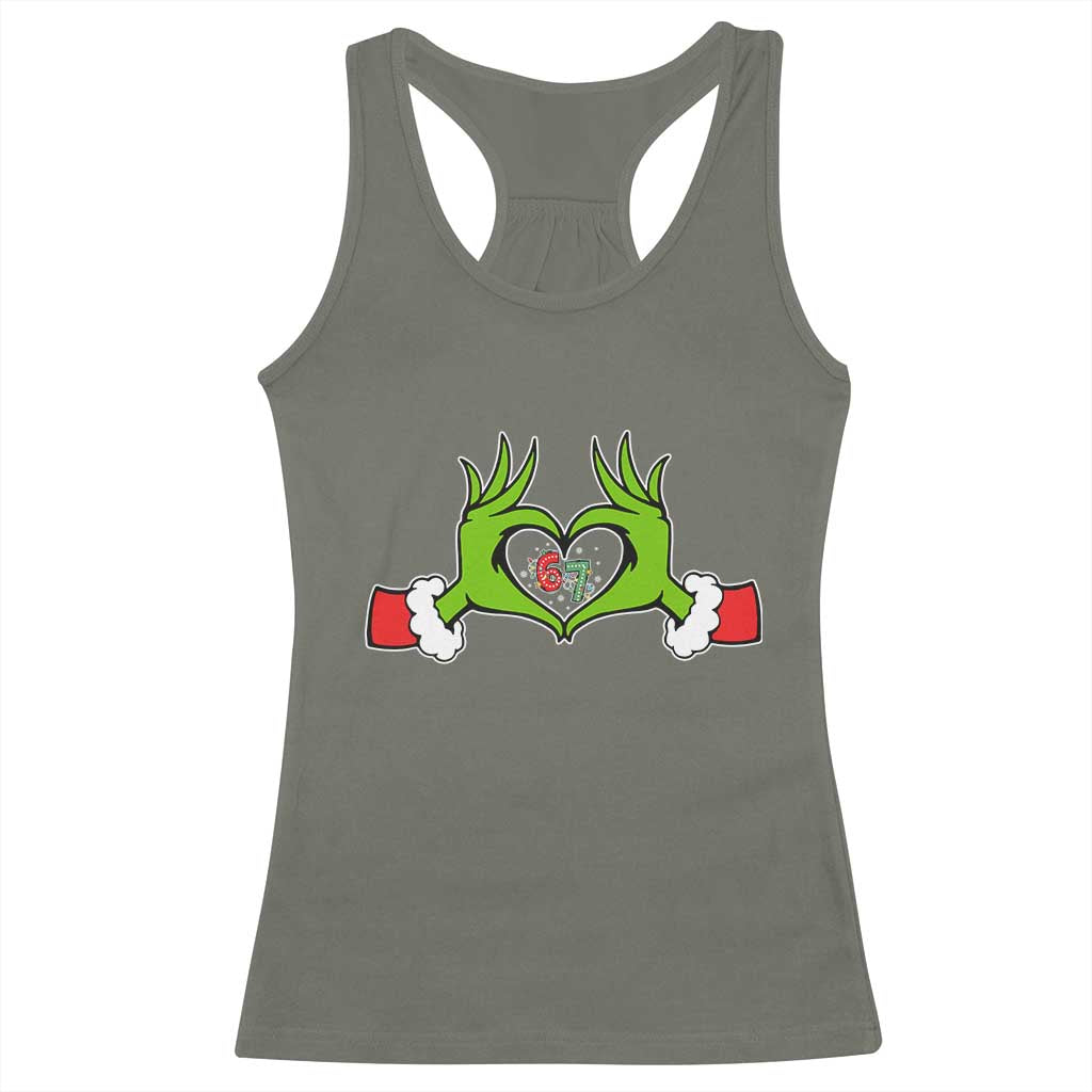 Funny Six Seven Christmas 67 Meme Gen Alpha Elf Heart Hands Racerback Tank Top TS11 Military Green Print Your Wear