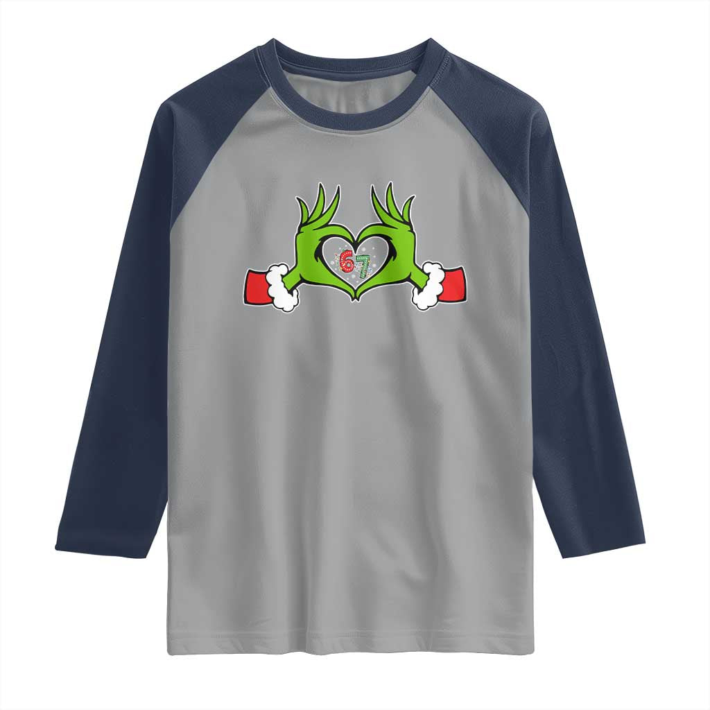 Funny Six Seven Christmas 67 Meme Gen Alpha Elf Heart Hands Raglan Shirt TS11 Sport Gray Navy Print Your Wear
