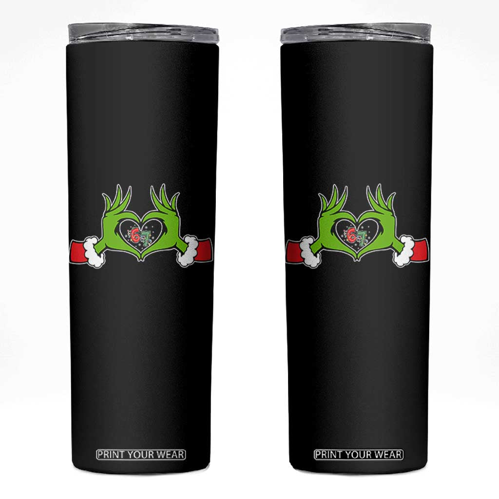 Funny Six Seven Christmas 67 Meme Gen Alpha Elf Heart Hands Skinny Tumbler TS11 Black Print Your Wear