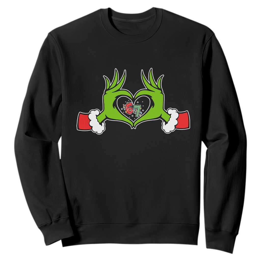 Funny Six Seven Christmas 67 Meme Gen Alpha Elf Heart Hands Sweatshirt TS11 Black Print Your Wear