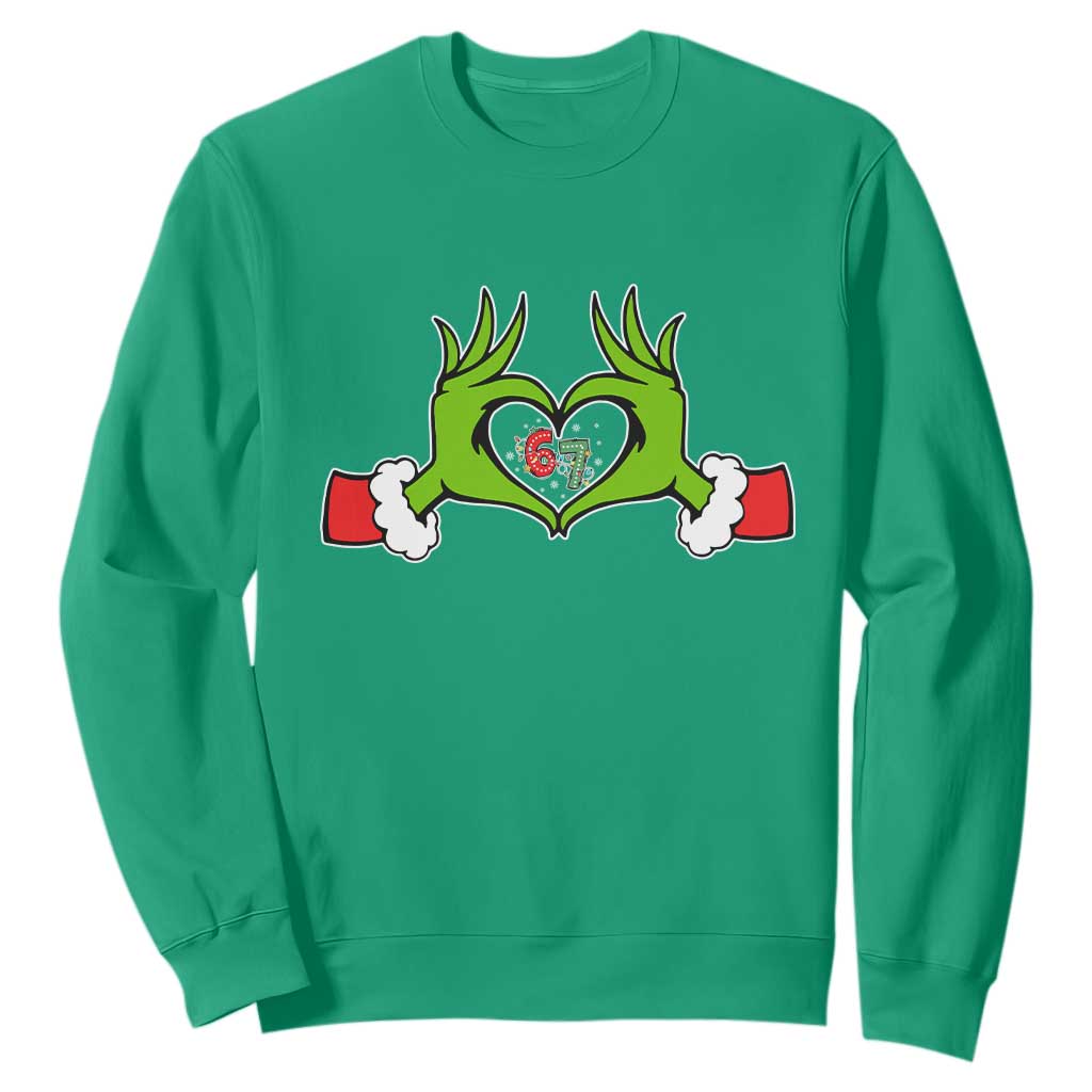 Funny Six Seven Christmas 67 Meme Gen Alpha Elf Heart Hands Sweatshirt TS11 Irish Green Print Your Wear