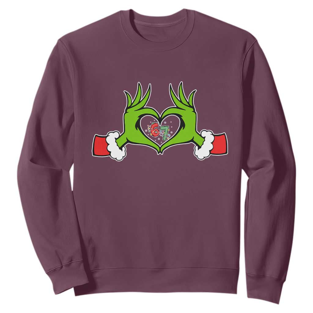 Funny Six Seven Christmas 67 Meme Gen Alpha Elf Heart Hands Sweatshirt TS11 Maroon Print Your Wear