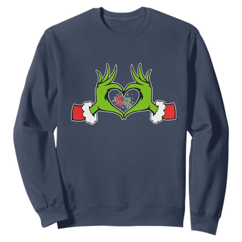 Funny Six Seven Christmas 67 Meme Gen Alpha Elf Heart Hands Sweatshirt TS11 Navy Print Your Wear