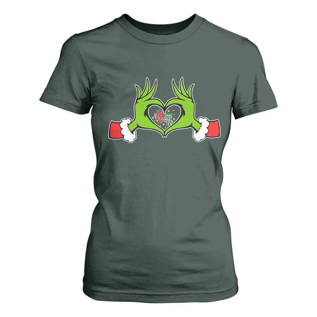 Funny Six Seven Christmas 67 Meme Gen Alpha Elf Heart Hands T Shirt For Women TS11 Dark Forest Green Print Your Wear