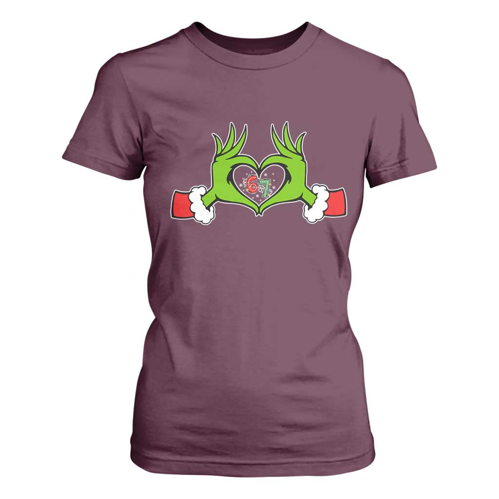 Funny Six Seven Christmas 67 Meme Gen Alpha Elf Heart Hands T Shirt For Women TS11 Maroon Print Your Wear